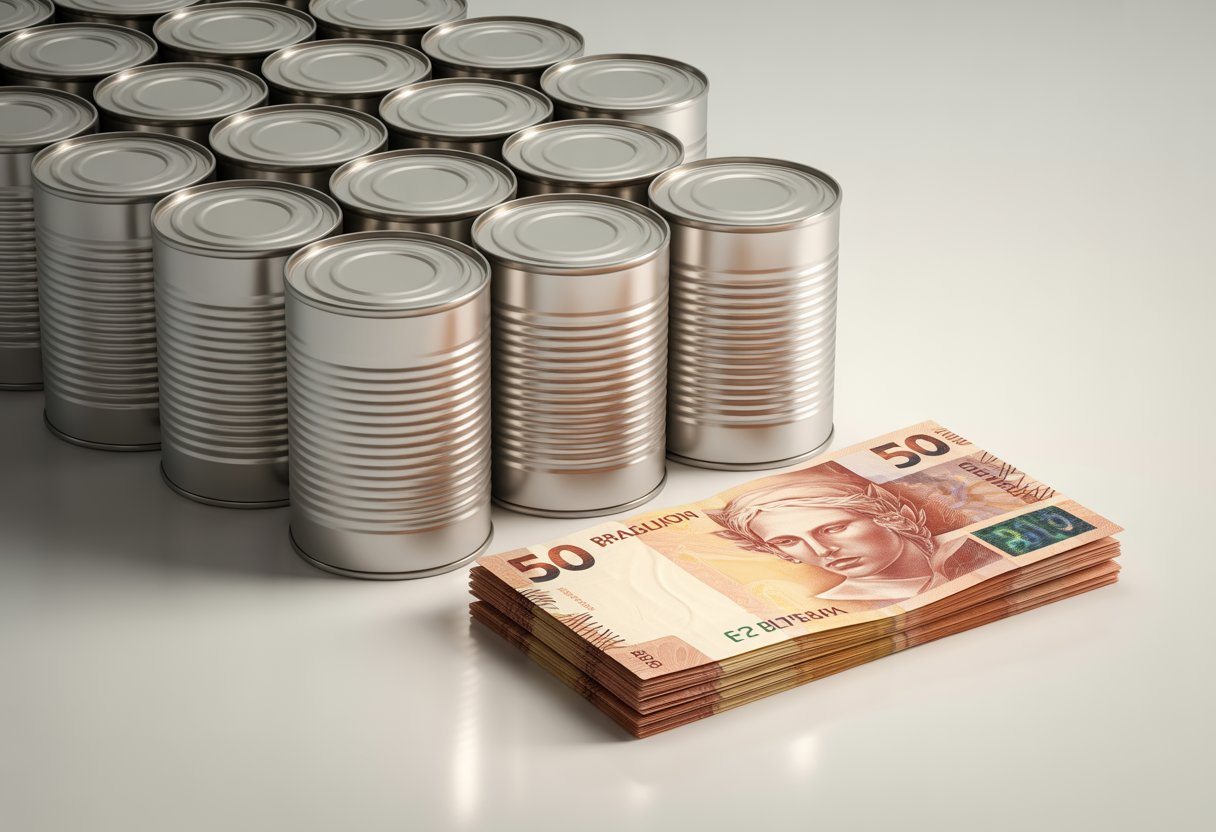 Várias latinhas alinhadas ao lado de uma nota de 50 reais em uma superfície limpa.
