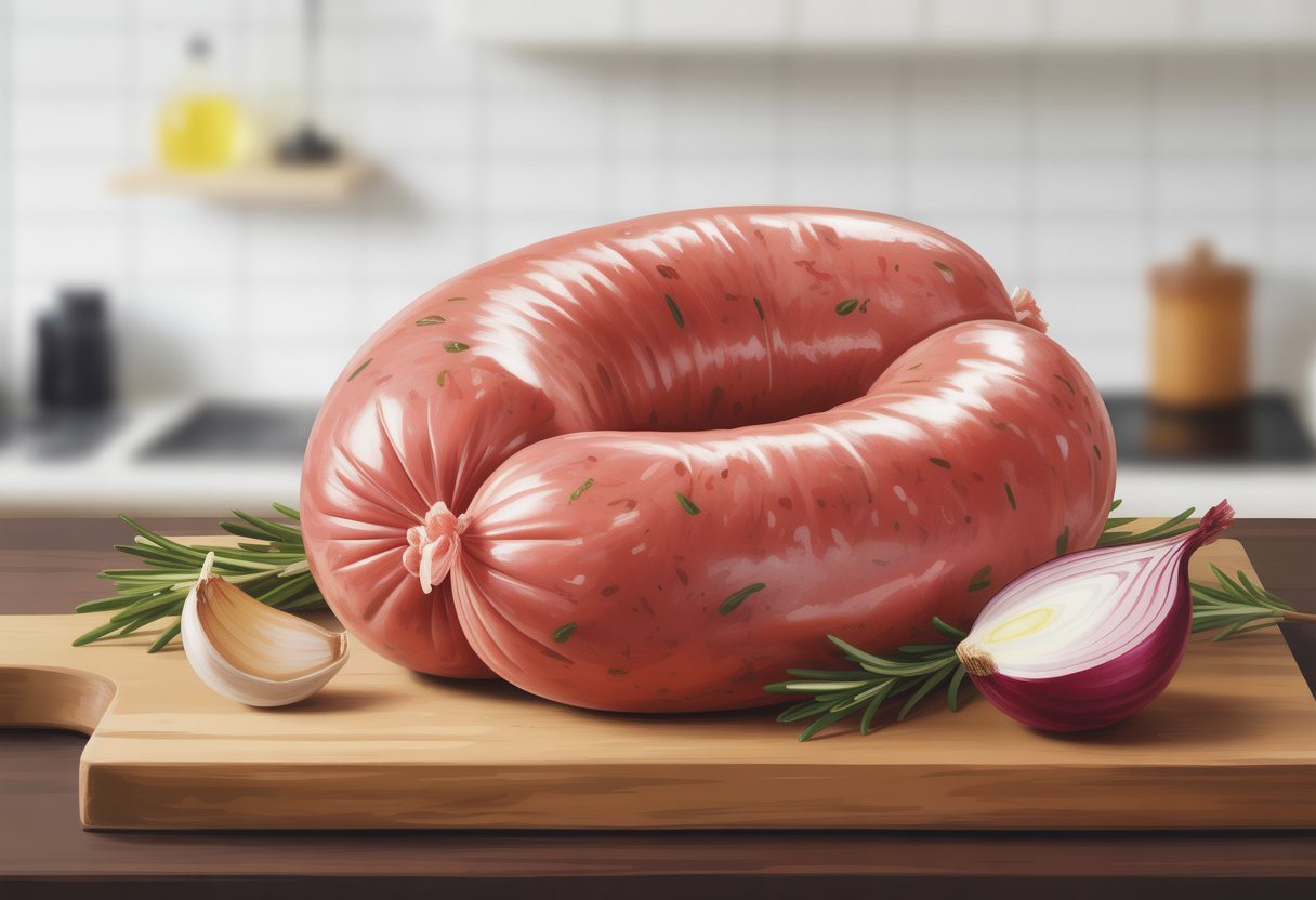 Linguiça de frango crua sobre uma tábua de madeira com alho, alecrim e fatias de cebola ao redor.