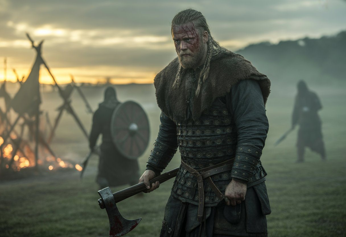 Um guerreiro viking medieval em armadura completa em um campo de batalha enevoado ao amanhecer, segurando um machado ensanguentado, com expressões de cansaço e determinação.
