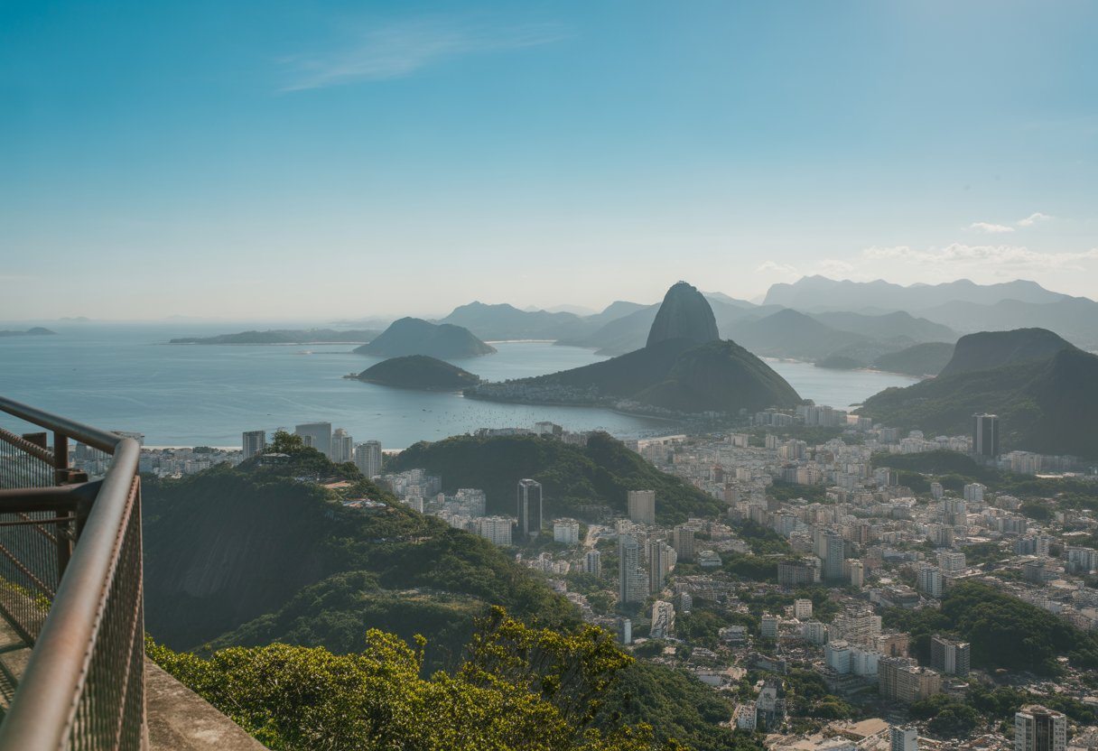 Vista panorâmica do Mirante Dona Marta mostrando a cidade do Rio de Janeiro, morros verdes e o Pão de Açúcar ao fundo em um dia claro.