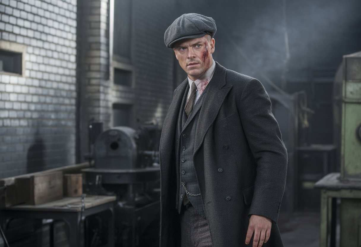 Homem vestido com roupa dos anos 1920, com expressão séria e ferimentos, em pé em um ambiente industrial antigo e escuro.