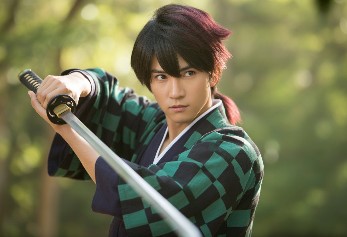 Um jovem guerreiro japonês com cabelo escuro e ponta vermelha, vestindo um casaco xadrez verde e preto, segurando uma espada em uma floresta ao fundo.