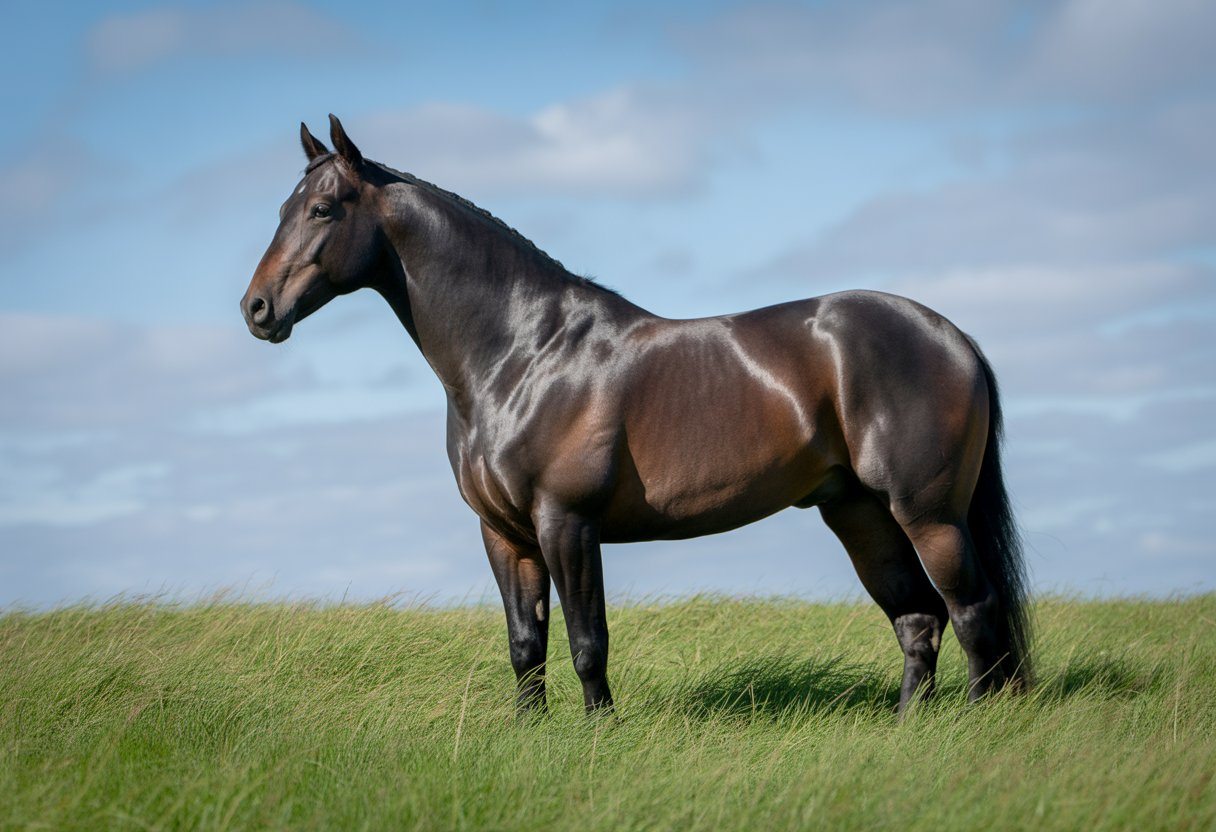 Cavalo preto elegante em um campo aberto sob céu azul com nuvens brancas.