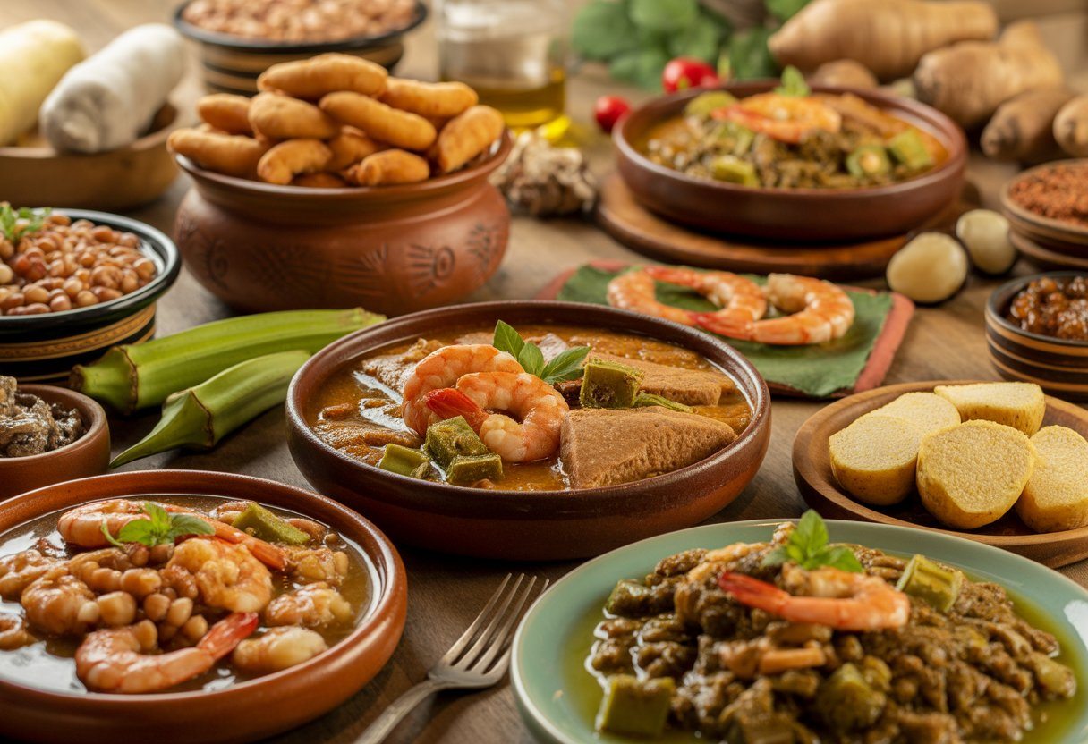 Mesa com pratos tradicionais da culinária africana no Brasil, incluindo acarajé, vatapá, caruru, moqueca e farofa, com ingredientes frescos ao redor.