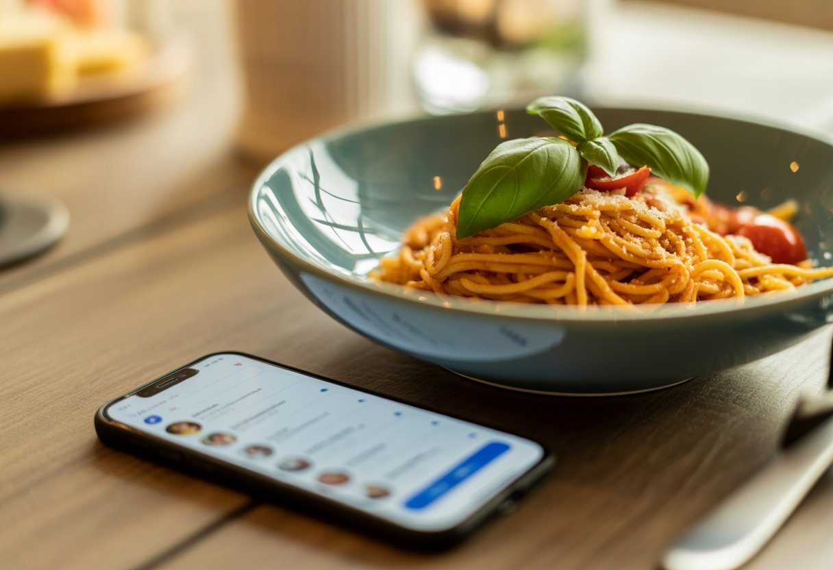 Mesa de jantar com um prato de massa fresca e um smartphone ao lado mostrando uma conversa privada.