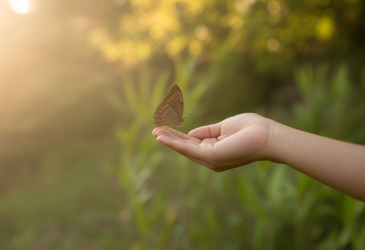 Uma borboleta marrom pousada na mão aberta de uma pessoa em um ambiente natural com luz suave e folhagem ao fundo.