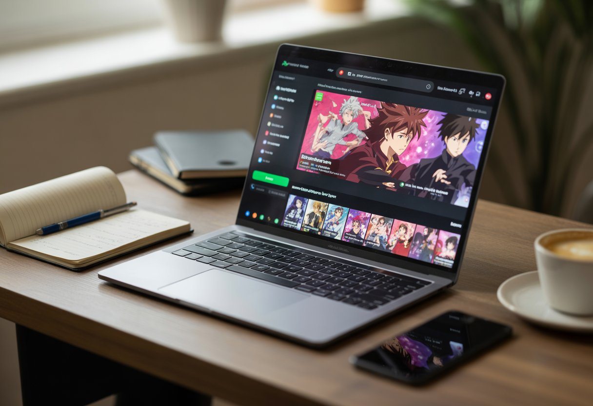 Mesa de trabalho com laptop mostrando imagens de um anime, caderno, caneta, celular e uma xícara de café em um ambiente iluminado.