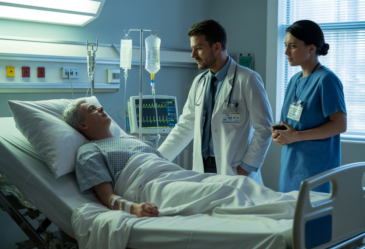 Paciente deitado em cama de hospital com médico e enfermeira ao lado, em ambiente hospitalar.