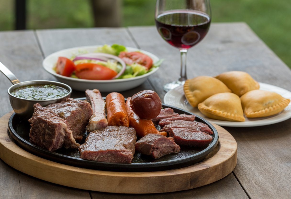 Prato típico argentino com carnes grelhadas, empanadas, salada e um copo de vinho tinto sobre uma mesa de madeira.