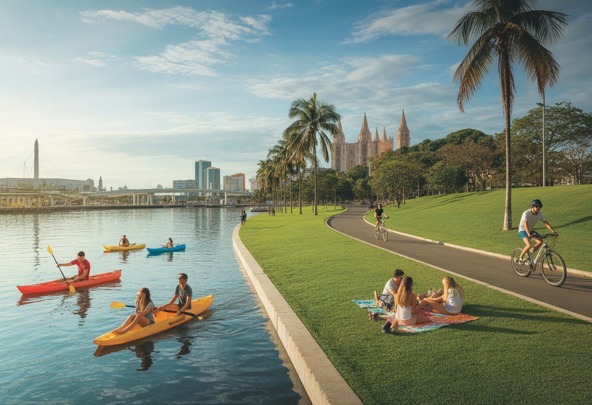 Vista do rio em Palmas com pessoas andando de caiaque, famílias fazendo piquenique em parque verde e ciclistas em caminho arborizado, com prédios e a catedral ao fundo.