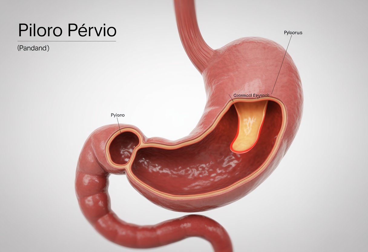 Imagem detalhada do estômago humano mostrando o piloro aberto e sem obstruções.