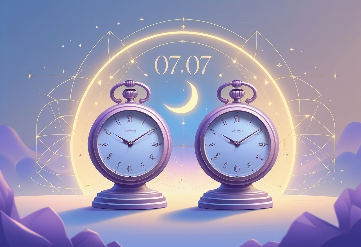 Dois relógios mostrando 07:07 em um fundo suave com estrelas e uma lua crescente, rodeados por padrões geométricos delicados.