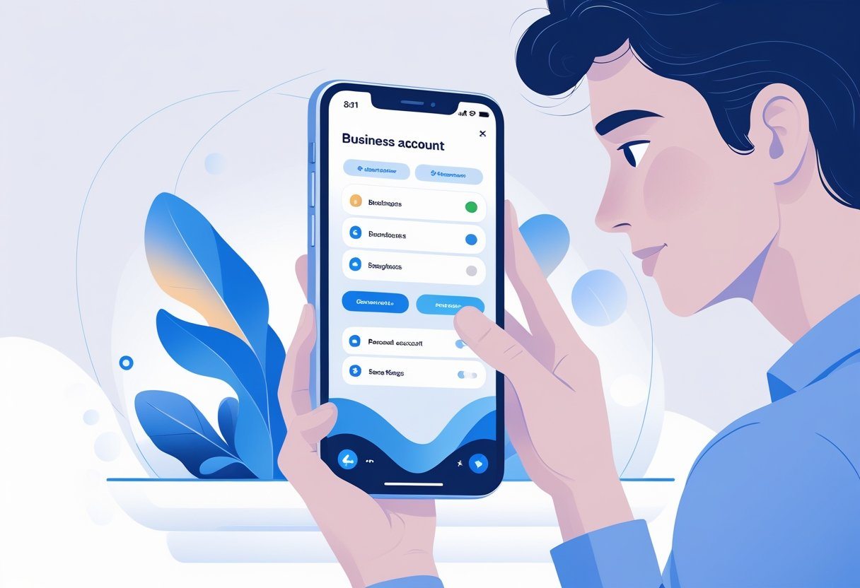 Pessoa segurando um smartphone, olhando para a tela que mostra opções de configuração de conta.