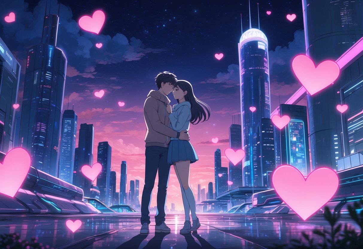 Um casal jovem se abraçando sob um céu noturno iluminado por luzes neon em uma cidade futurista, cercados por símbolos de coração brilhantes.