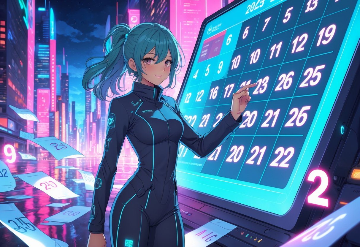 Personagem jovem em pé diante de um calendário holográfico flutuante mostrando os dias do ano de 2025, com uma cidade futurista iluminada ao fundo.