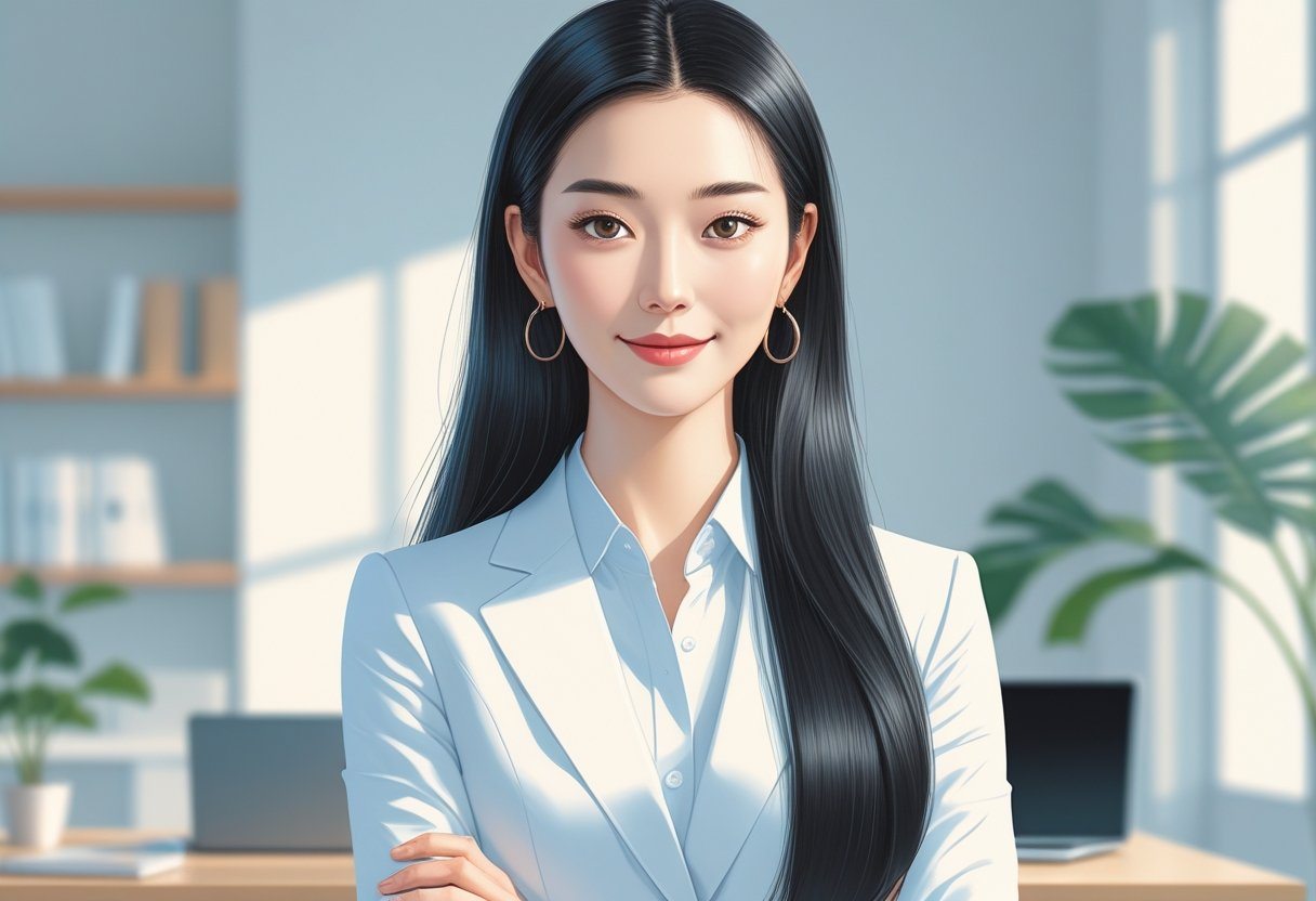 Retrato de uma mulher jovem asiática em um ambiente de escritório moderno e minimalista.