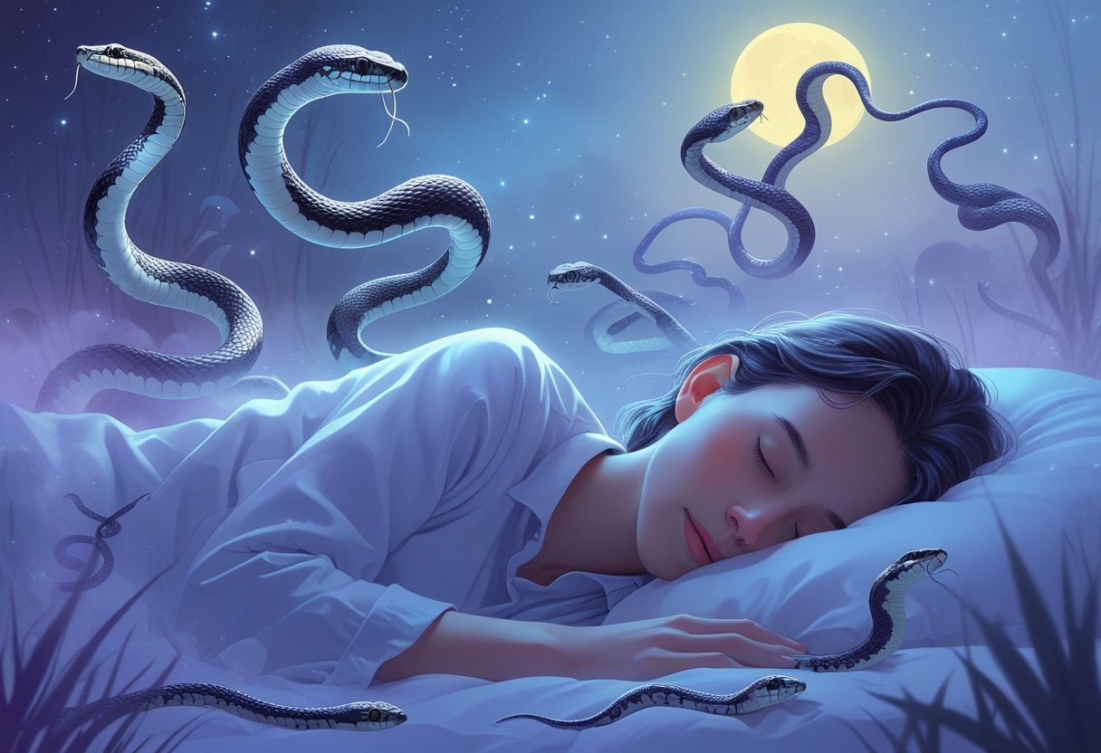Pessoa dormindo tranquilamente cercada por cobras vivas flutuando em um ambiente onírico com luz suave e névoa.