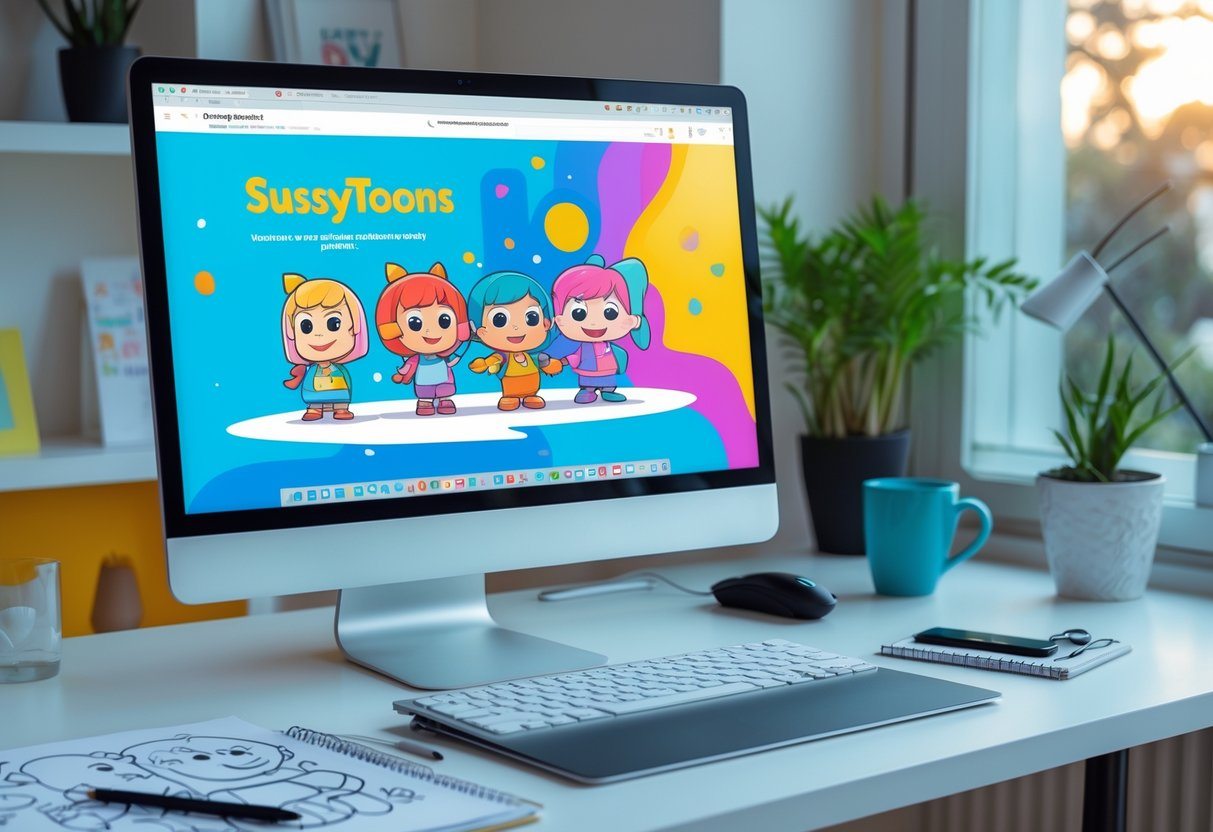 Espaço de trabalho moderno com computador mostrando personagens de desenhos animados coloridos, ferramentas de criação e luz natural.