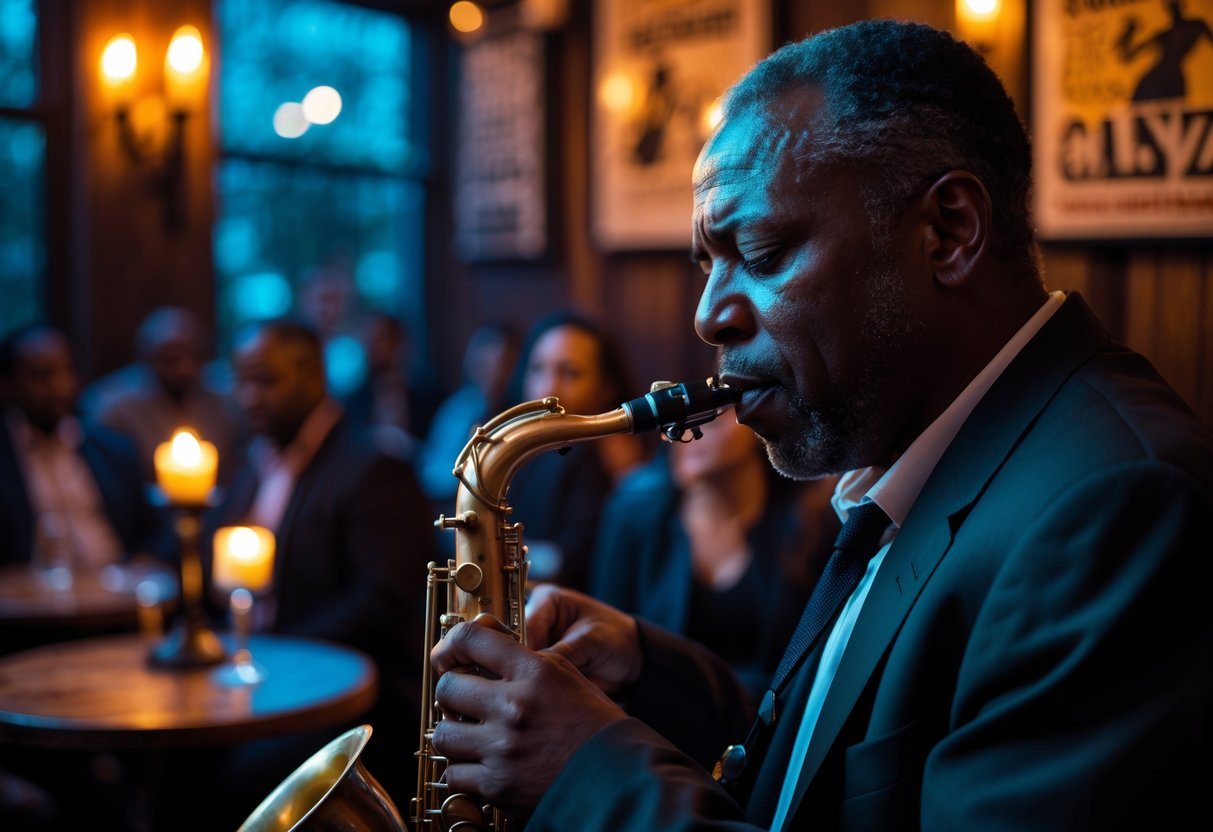Um músico de jazz tocando saxofone em um clube de jazz com iluminação suave e público atento ao fundo.