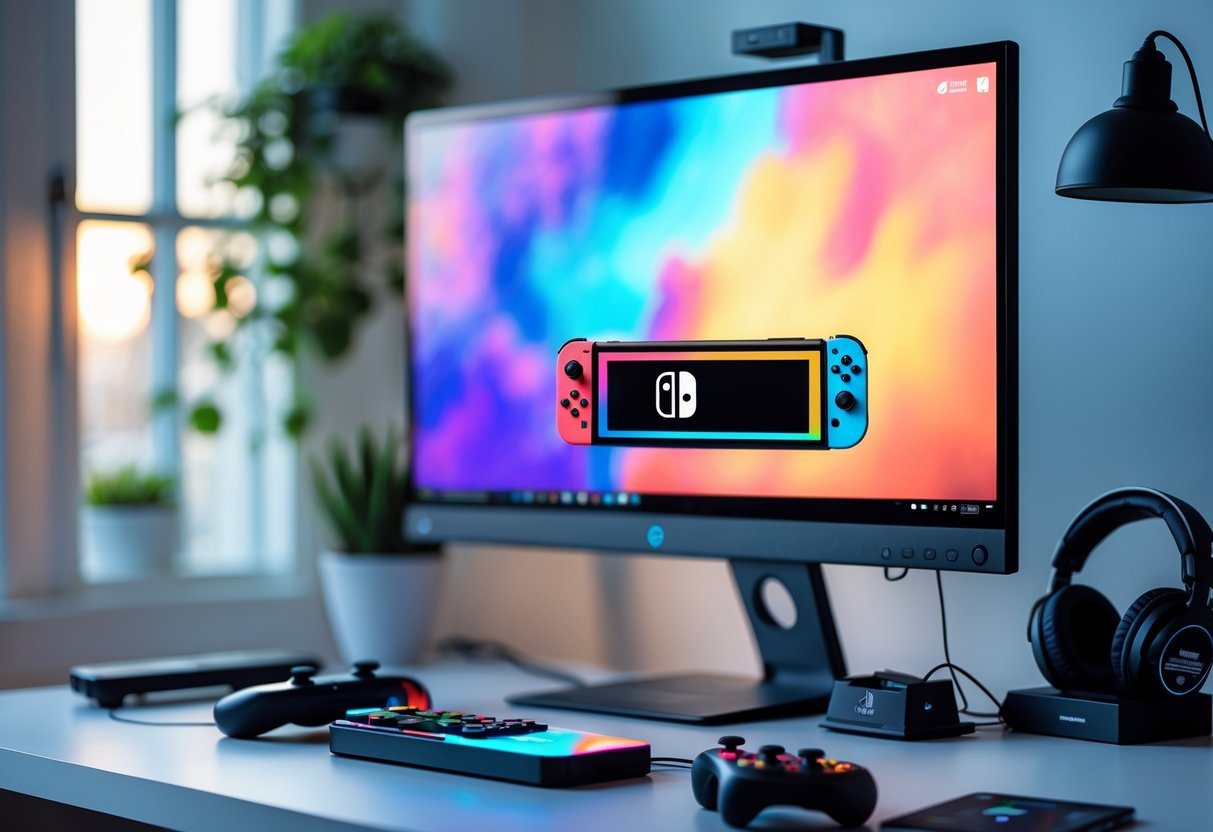 Mesa organizada com um monitor exibindo um jogo de videogame, controlador e fones de ouvido ao redor.