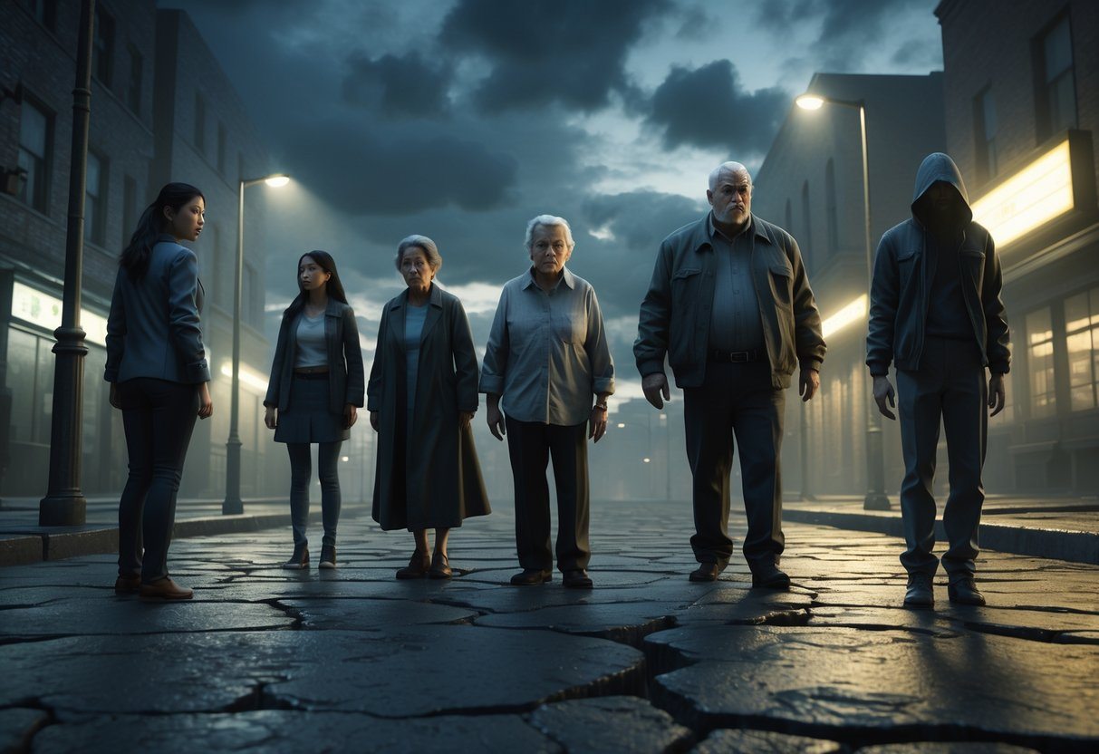 Cena de rua com cinco pessoas espaçadas, cada uma com expressões diferentes, em um ambiente urbano ao anoitecer, transmitindo tensão e incerteza.