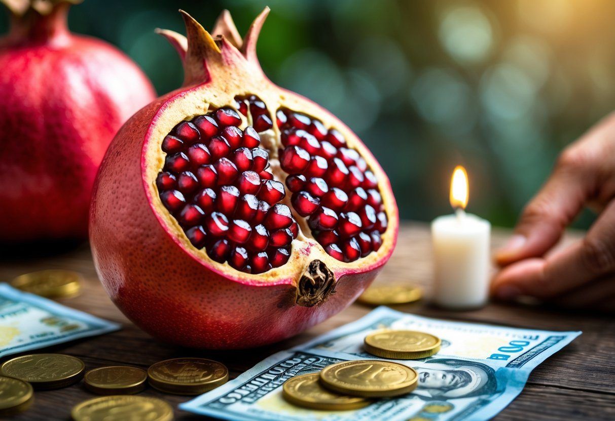 Romã aberta com sementes vermelhas brilhantes sobre mesa de madeira, cercada por dinheiro brasileiro e uma vela branca acesa ao fundo.