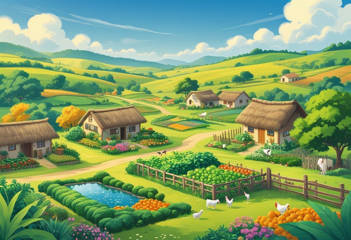 Paisagem rural com pequenas chácaras, incluindo plantações, pomar, animais e casas em meio a colinas verdes sob céu azul.