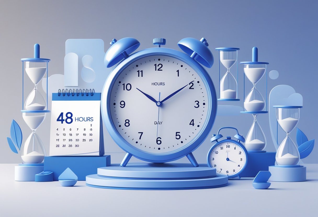 Ilustração mostrando um relógio grande, um calendário com dois dias destacados e ampulhetas representando a conversão de 48 horas em dias e outras unidades de tempo.