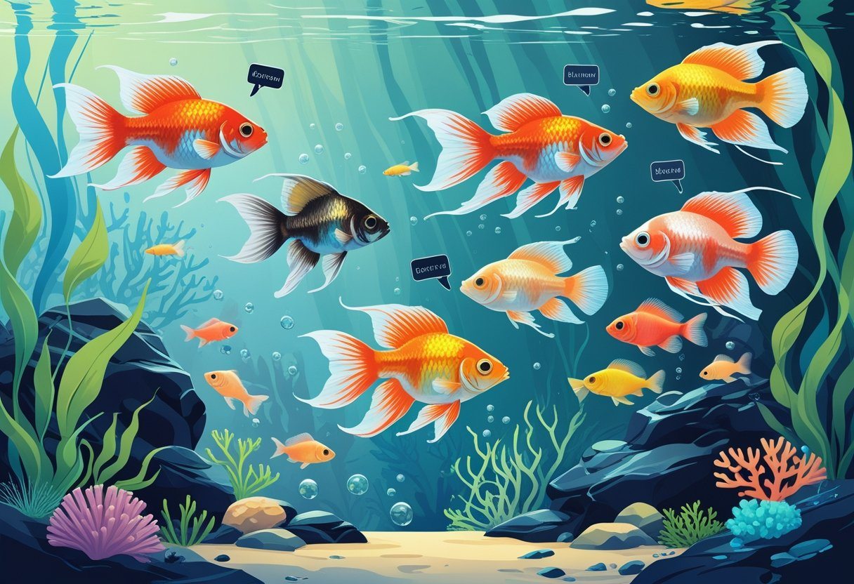 Aquário com vários peixes coloridos nadando entre plantas aquáticas e pedras decorativas.