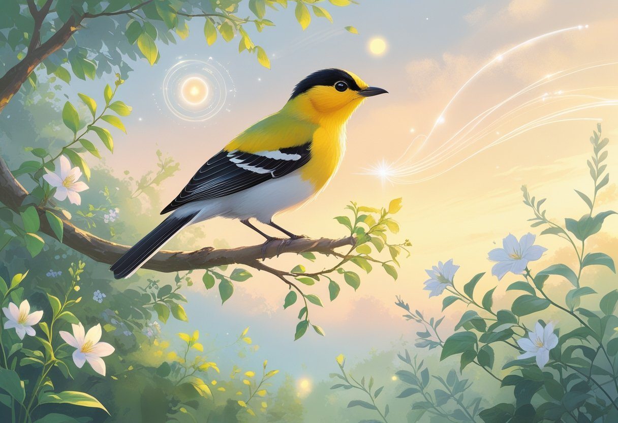 Um pássaro bem-te-vi pousado em um galho florido em um ambiente natural tranquilo ao amanhecer, com luz suave e elementos que sugerem espiritualidade ao redor.