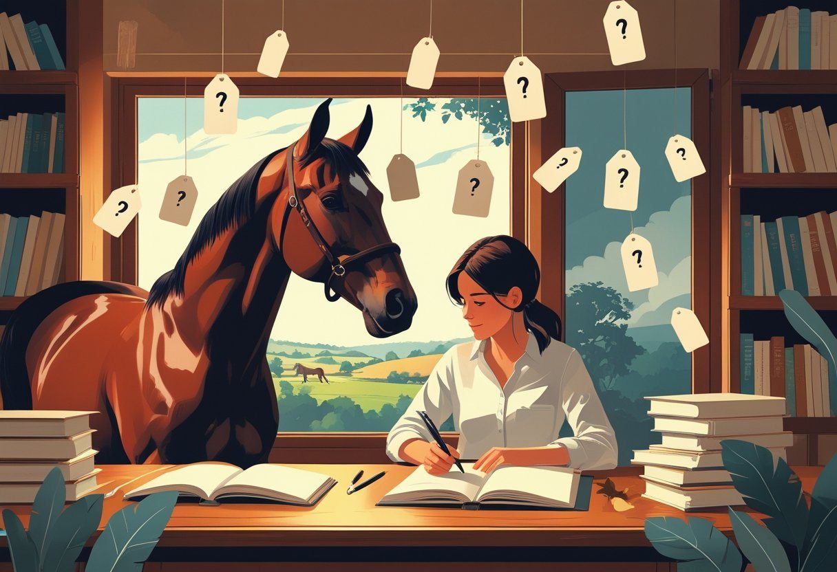 Pessoa sentada à mesa, pensando em nomes para cavalo, com um cavalo próximo e elementos relacionados a criatividade ao redor.