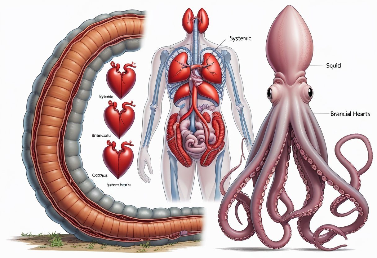 Ilustração mostrando um verme gigante, um lula e um polvo com seus corações múltiplos visíveis em uma visão anatômica detalhada.