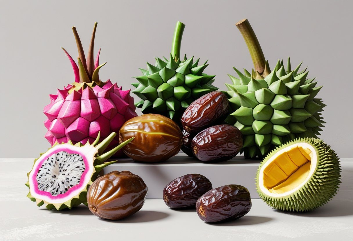 Vários frutos que começam com a letra D, como pitaya, tâmaras e durião, dispostos sobre uma superfície clara.