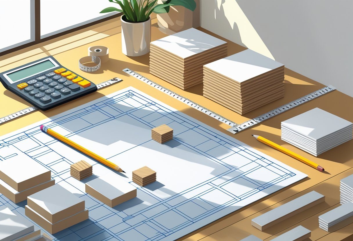 Mesa com planta baixa mostrando área de 20 metros quadrados para cerâmica, caixas de cerâmica empilhadas, régua, calculadora e lápis ao lado.