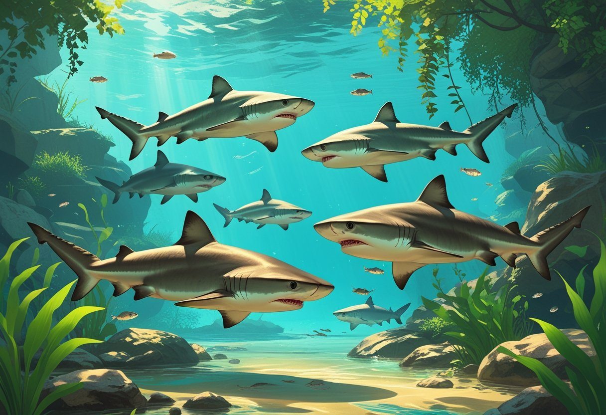 Ilustração de tubarões de água doce nadando em um rio com plantas aquáticas e peixes ao redor.