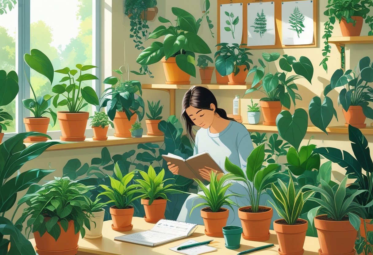 Pessoa observando várias plantas em vasos dentro de casa, segurando um caderno e caneta, em um ambiente aconchegante com luz natural e elementos relacionados a plantas.