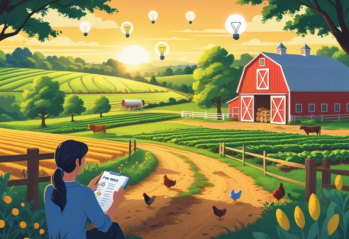 Paisagem de uma fazenda com campos verdes, celeiro vermelho, animais e uma pessoa segurando um caderno, simbolizando a criação de nomes criativos para fazendas.