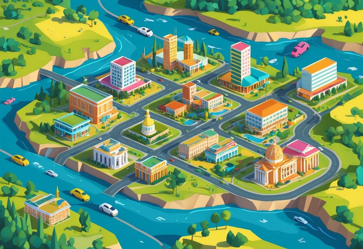 Ilustração mostrando várias cidades próximas a Belo Horizonte com prédios, estradas, carros, rios e áreas verdes.