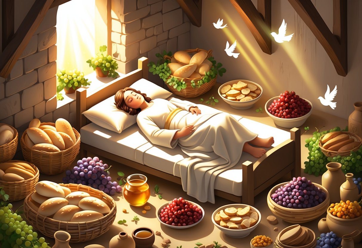 Uma pessoa dormindo em um quarto simples, cercada por uma grande variedade de alimentos abundantes como pães, frutas, peixes e vinho, com uma luz suave indicando um sonho espiritual.