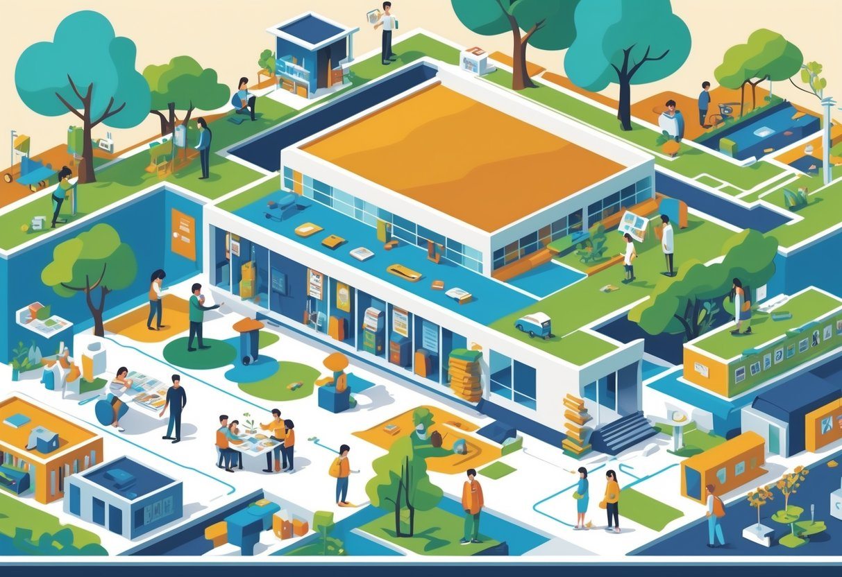 Cena mostrando uma escola com crianças aprendendo e, ao lado, pessoas da comunidade trabalhando juntas em saúde, meio ambiente e infraestrutura.