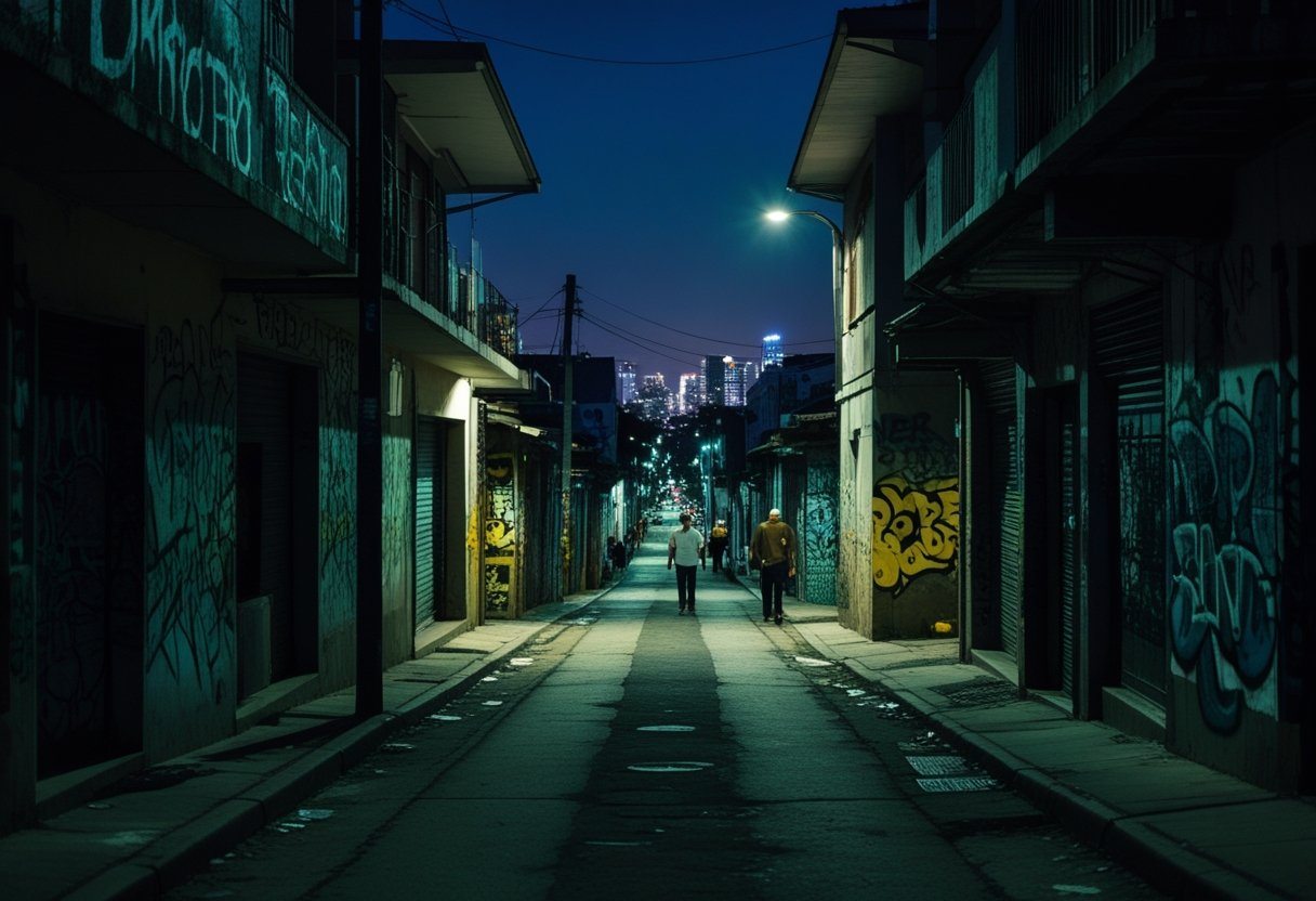 Rua escura e estreita em bairro perigoso de Cabo Frio com prédios desgastados e poucas pessoas ao longe.